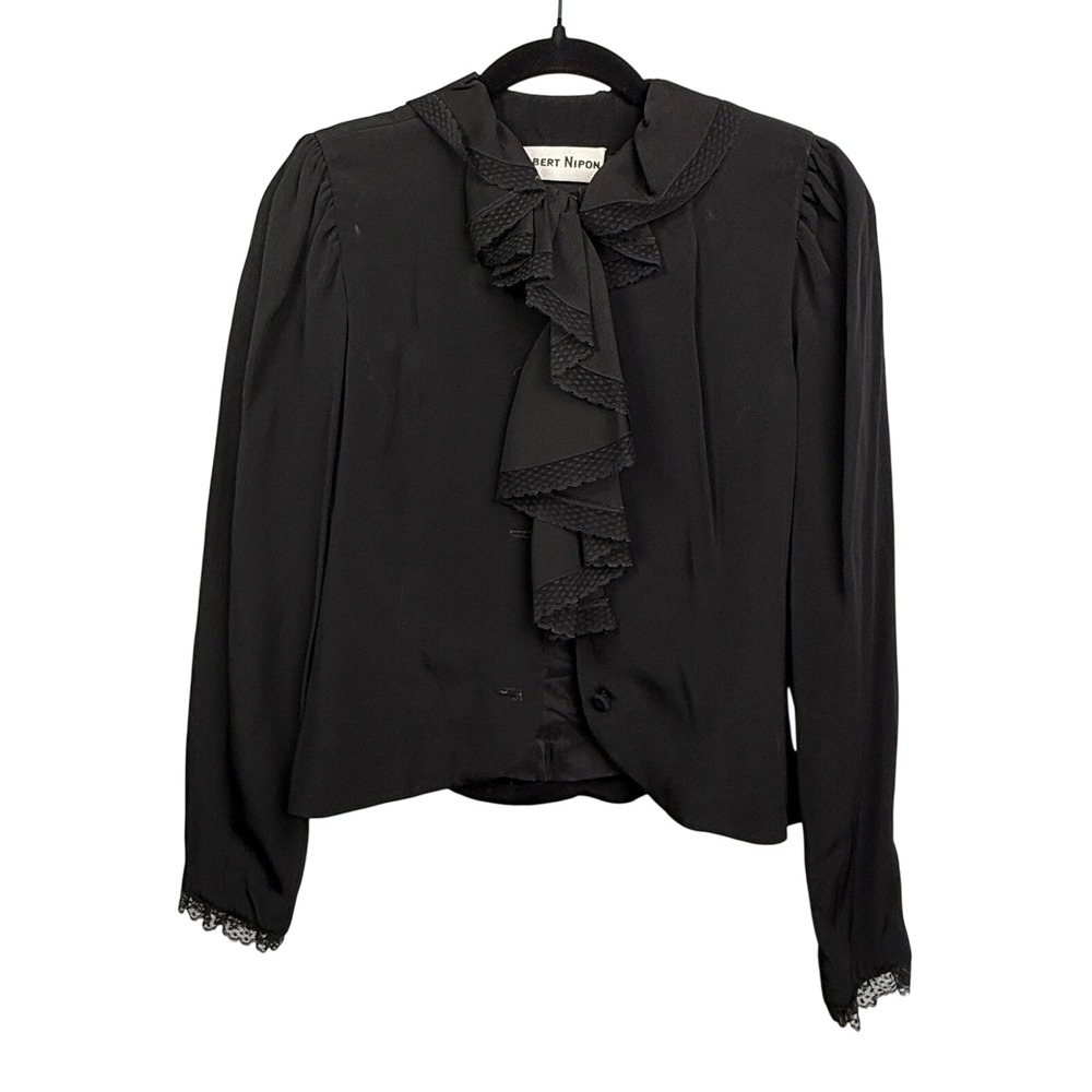 Albert Nipon Vintage Black Ruffle Jabot Blouse Lace Trim Long Sleeve Size 2